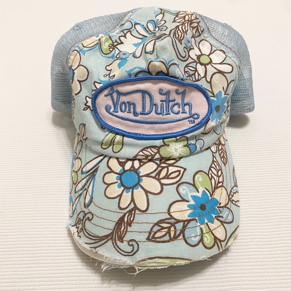 Distressed Y2K Von Dutch Blue Floral Trucker Hat Rare Print